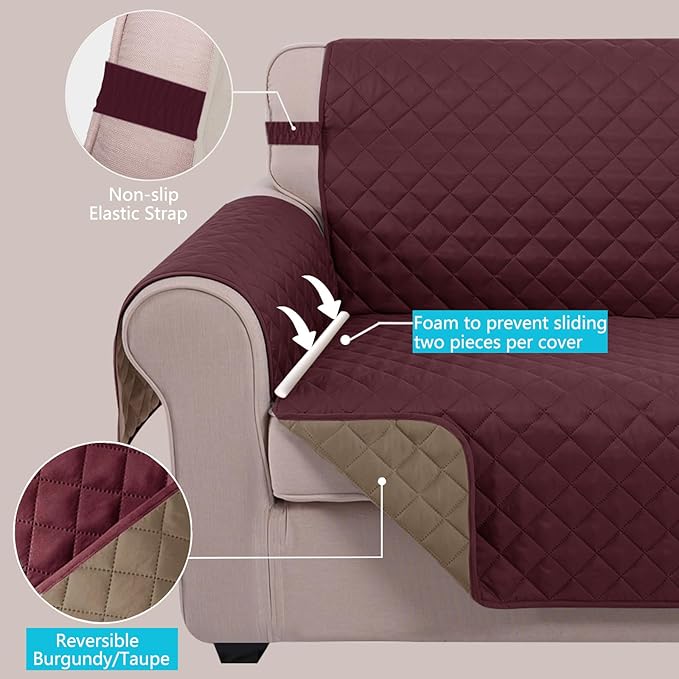 U-NICE HOME Recliner Chair Covers Reversible Quilted Water Repellent Pet Protectors with Elastic Straps (23''Recliner Small, Burgundy/Tan)