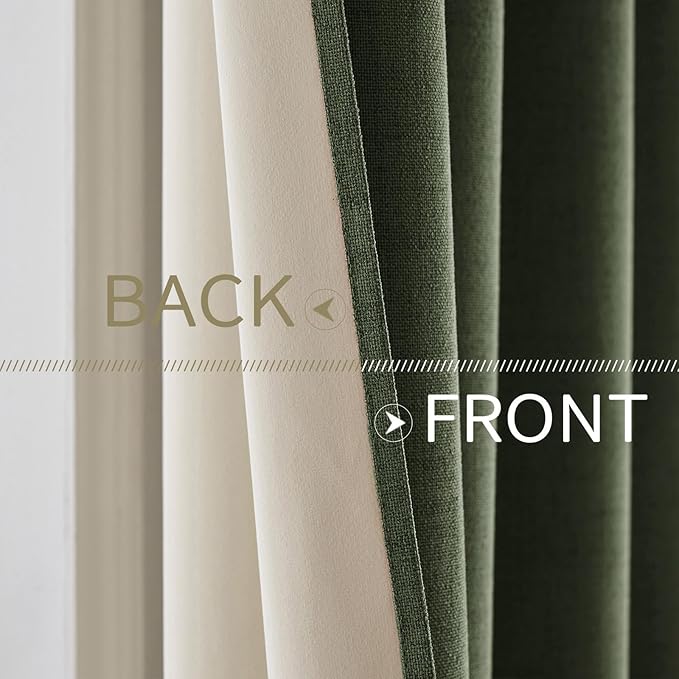 MIULEE 100% Blackout Linen Textured Curtains for Bedroom Solid Thermal Insulated Olive Green Grommet Room Darkening Curtains & Drapes Luxury Decor for Living Room Nursery 52 x 108 Inch (2 Panels)