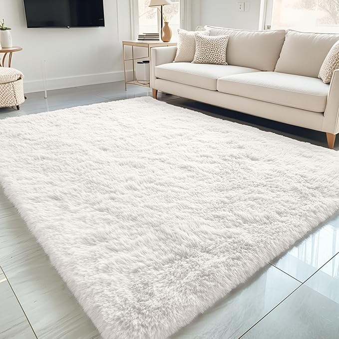 OLANLY 5x11 Machine Washable Large Area Rugs for Living Room, Bedroom, Soft Fluffy Shaggy Bedside Rug, Indoor Floor Carpet for Kids Girls and Boys, Dorms, Nursery, Home Decor Aesthetic, Ivory