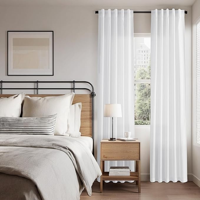 Nanspring 45 Inch Linen White Curtains for Kitchen Short Window Semi Sheer Light Filtering Linen Drapes Modern Farmhouse Back Tab Rod Pocket Curtain for Cafe Bathroom 34 X 45,2 Panels