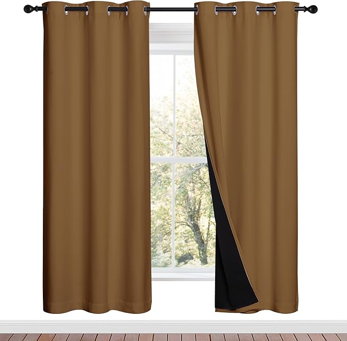 NICETOWN 100% Blackout Window Curtain Panels, Gold Brown, 2 Pieces, 42-inch Wide Per Panel, Full Light Blocking Drapes with Black Liner for Nursery, 72-inch Drop Thermal Insulated Draperies
