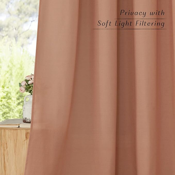 NICETOWN Terracotta Short Linen Curtains for Kitchen, Thick Flax Small Window Treatments Semi Sheer Privacy Assured with Light Through for Cafe/Bathroom, W42 x L48, 2 Panels