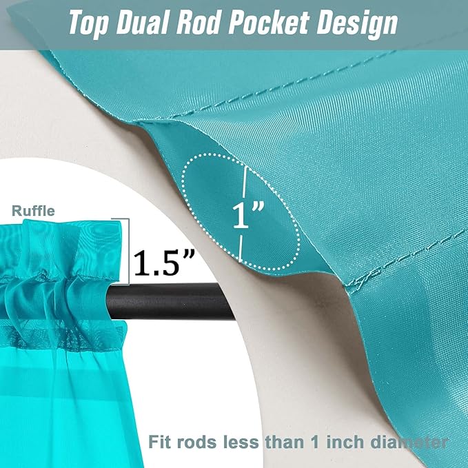 Turquoise Small Sheer Curtains 2 Panels Set, Kitchen Curtains 36 Inch Length, Elegant Light Filtering Short Window Drapes for Living Room Bedroom, Dual Rod Pocket Design, 2x42Wx36L Inches