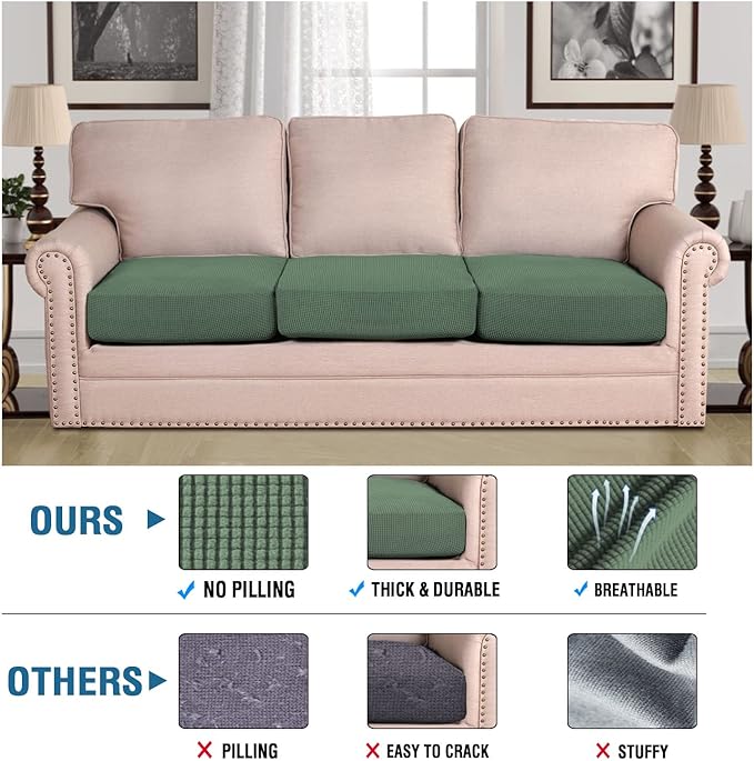 H.VERSAILTEX Super Stretch Individual Seat Cushion Covers - Sofa & Couch Cushion Slipcover Sets - Thick Jacquard Textured Twill Fabric (3 Piece XL Sofa Cushion Covers, Loden Frost)