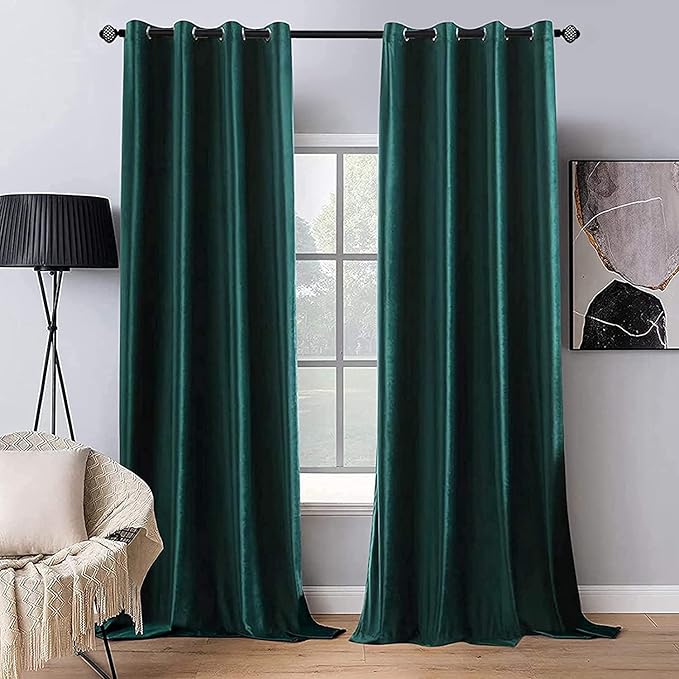 MIULEE Christmas Dark Green 100% Polyester Curtains 90 Inches Long 2 Panels Room Darkening Blackout Soft Velvet Grommet Top Emerald Curtain Thermal Soundproof Curtains/Drapes/Panels for Living Room