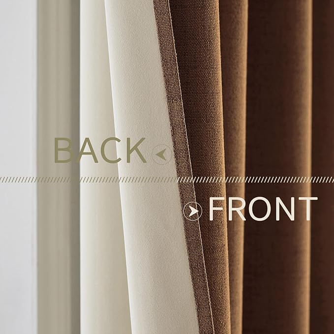 MIULEE Linen Curtains for Bedroom 100% Blackout Thermal Insulated Brown Grommet Room Darkening Curtains & Drapes Fall Decor for Living Room Nursery 52 x 90 Inch (2 Panels)