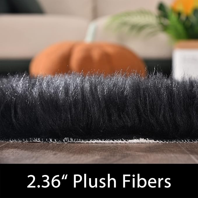 Latepis Black Faux Fur Rug 8x10, Faux Fur Sheepskin Rug for Living Room, Fluffy Washable Fuzzy Rugs Carpet for Bedroom, Luxury Room Decor, Rectangle