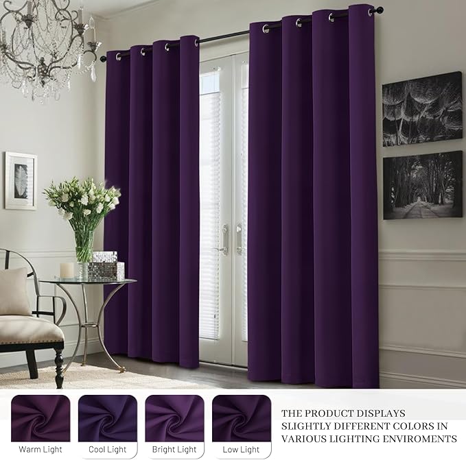 Yakamok 100% Blackout Curtain Panels 84 inches Cold and Light Blocking Drapes for Nursery, 2 Thick Layers Thermal Insulated Draperies (2 Pieces, 40 Wide Each Panel, Purple/White Backing)