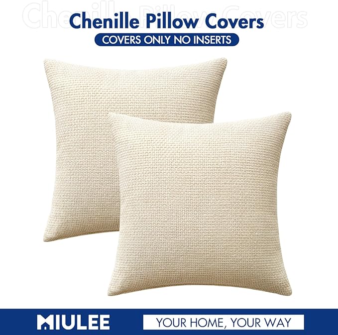 MIULEE Pack of 2 Lumbar Couch Throw Pillow Covers 20x12 Inch Neutral Cream Modern Boho Accent Decorative Pillow Covers Soft Chenille Farmhouse Cushion Covers for Home Decor Bed Sofa Living Room