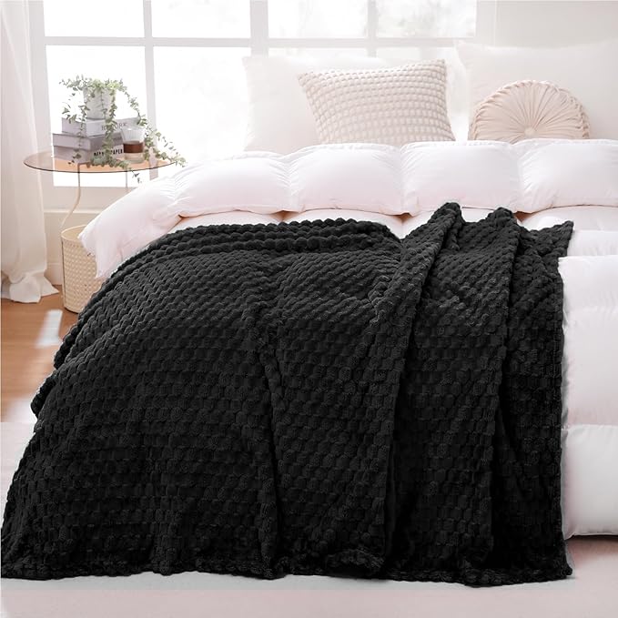 Puncuntex Black Throw Blanket 108"×90" inches Fuzzy 3D Jacquard Decorative Flannel Fleece Super Soft Plush Cozy Blanket for Couch Sofa Chair Lightweight
