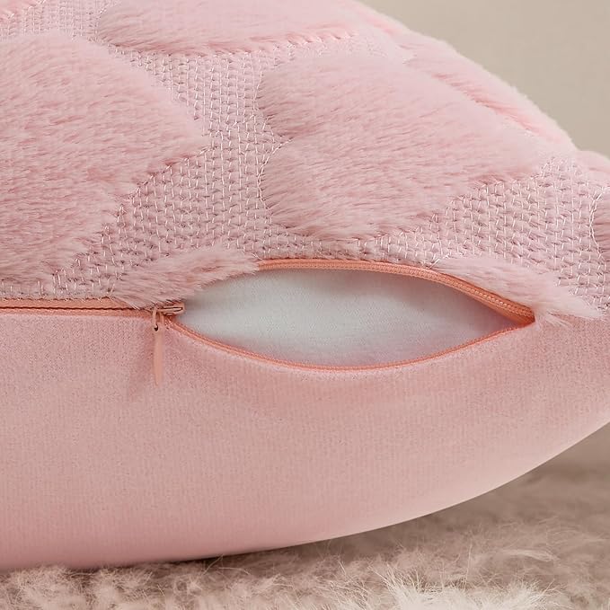decorUhome Valentine’s Day Soft Plush Throw Pillow Covers 18x18 Inch Set of 2, Faux Fur Pink Heart Decoration Neutral Square Pillow Covers for Couch Sofa Bed Cozy Farmhouse Holiday Decor