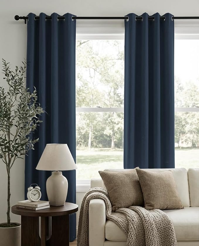 100% Blackout Shield Linen Blackout Curtains for Bedroom, Navy Blue Grommet Curtains for Living Room, Thermal Insulated Room Darkening Drapes for Nursery, Boho Home Decor, 50" W x 96" L, 2 Panels