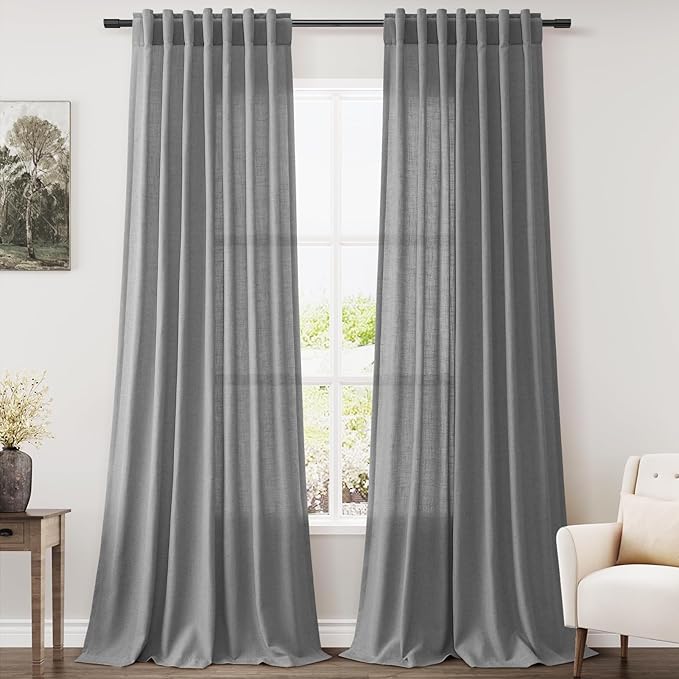 Extra Long Dark Grey Linen Curtains 2 Panels 102 Inches Long for Living Room Cotton Linen Textured Window Curtain Back Tab Rod Pocket Light Filtering Semi Sheer Drapes 102 Inch Length for Bedroom
