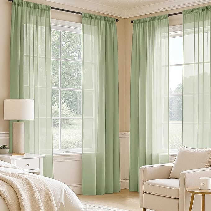 MIULEE Sage Green Sheer Curtains 96 Inches Long, 4 Panels Set, Light Filtering Rod Pocket Voile Drapes Window Treatments, Semi Transparent Airy Fabric for Bedroom and Living Room, 42 x 96 Inches
