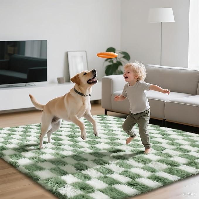 Area Rugs for Bedroom Living Room,6x9 Green and White Fluffy Soft Checkered Rug Fuzzy Shag Shaggy Carpet, Indoor Plush Floor Rugs for Kids Boys Girls Teen Dorm Nursery Home Decor