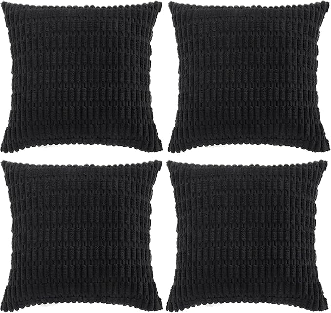 Fancy Homi 4 Packs Boho Black Decorative Throw Pillow Covers 26x26 Inch for Living Room Couch Bed Sofa, Rustic Modern Farmhouse Home Decor, Soft Plush Corduroy Cute Square Cushion Case 66x66 cm