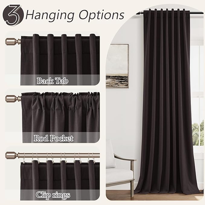 Guken 100% Blackout Curtains 102 Inch Length 2 Panels Set for Living Room Bedroom Back Tab Thermal Insulated Black Out Linen Drapes Room Darkening Cocoa Coffee,52x102