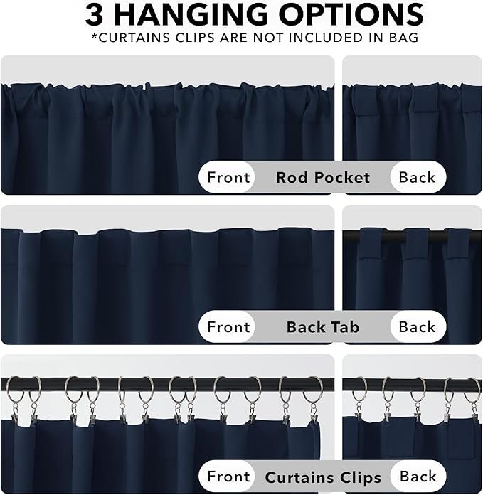 Deconovo Short Blackout Curtains for Small Windows, Thermal Insulated Rod Pocket and Back Tab Curtains, 42W x 45L Inch, Navy Blue, 2 Panels