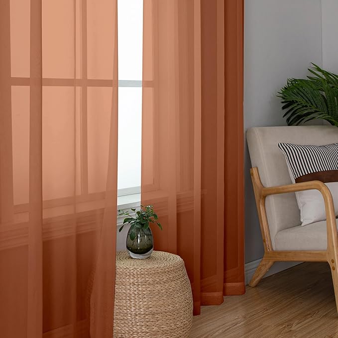 Chyhomenyc Burnt Orange Sheer Curtains 84 Inch Length 2 Panels, Light Filtering Soft Airy Voile Rod Pocket Sheer Window Drapes for Bedroom Living Room, Each 42Wx84L Inches