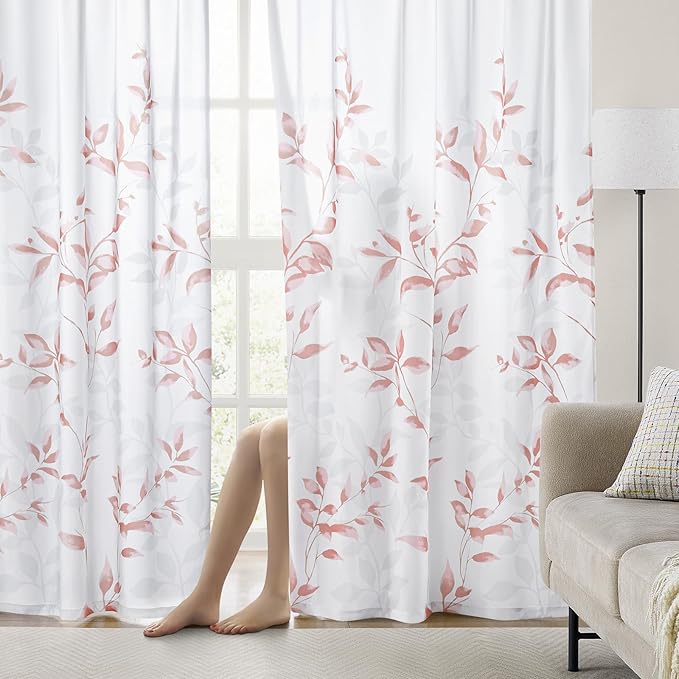 HOMEIDEAS Non-See-Through Pink and White Privacy Sheer Curtains 52 X 84 Inch Length 2 Panels, Leaf Floral Printed Light Filtering Semi Sheer Window Curtains Drapes for Bedroom Living Room