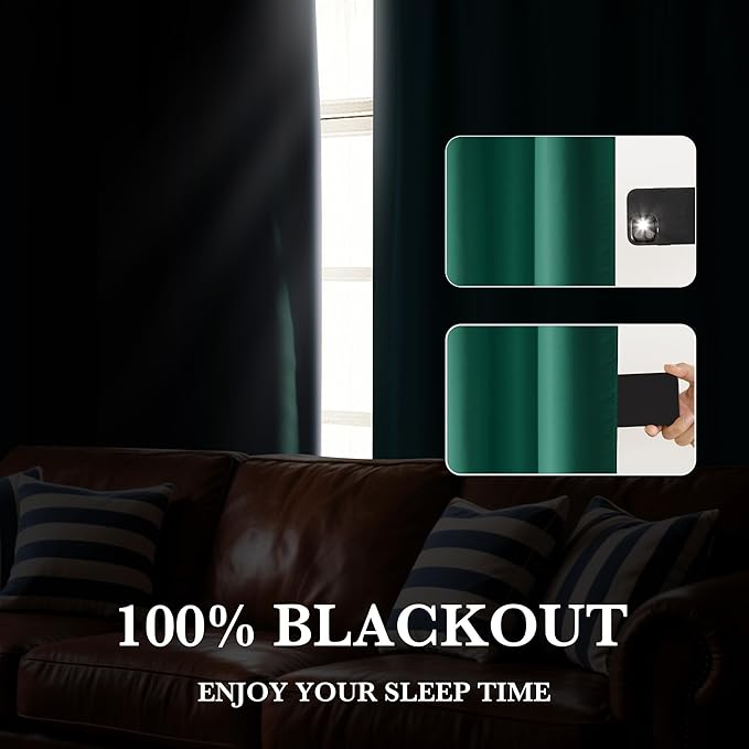 RYB HOME Bedroom Blackout Curtains 80 inches Long, 100% Blackout Thermal Insulated Noise Reducing Curtains for Living Room Nursury, 34 inches Wide by 80 inches Long, Dark Green
