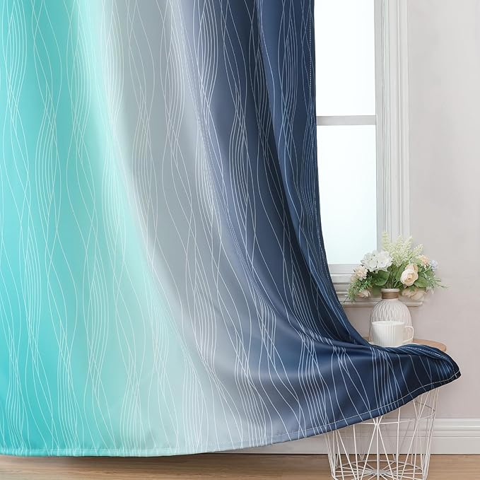 Estelar Textiler Navy Blue and Teal Blackout Curtains 63 Inch Length 2 Panels Set, Full Room Darkening Grommet Ombre Curtains for Bedroom, Thermal Insulated Light Blocking Gradient Drapes,52Wx63L