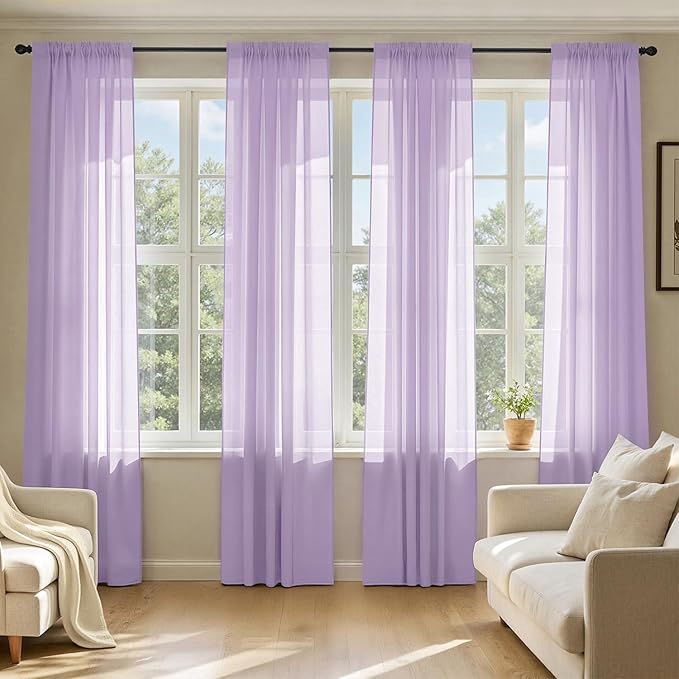 MIULEE Light Purple Sheer Curtains 84 Inches Long, 4 Panels Set, Lavender Light Filtering Rod Pocket Voile Drapes for Living Room and Bedroom, Airy Soft Fabric Window Treatments, 42 x 84 Inches