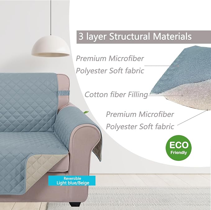 U-NICE HOME Loveseat Sofa Cover Reversible Couch Cover for Dogs Pets with Elastic Straps Water Resistant Furniture Protector for 2 Cushion Couch (Loveseat, Light Blue/Beige)