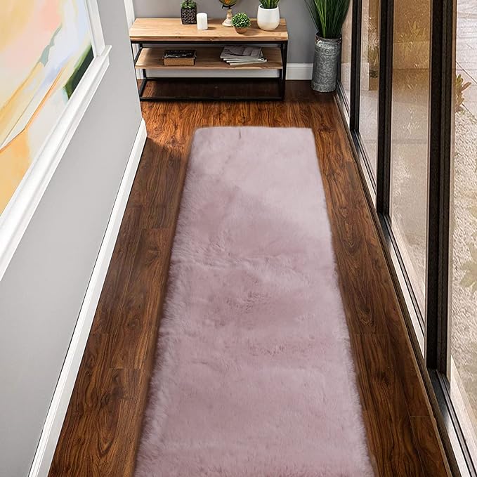 ORINOVA Fluffy Pink Washable Runner Rugs for Bedroom Fuzzy Faux Rabbit Shag Fur Rug for Living Room Furry Runner Rugs for Hallway 2x8 Nursery Rug