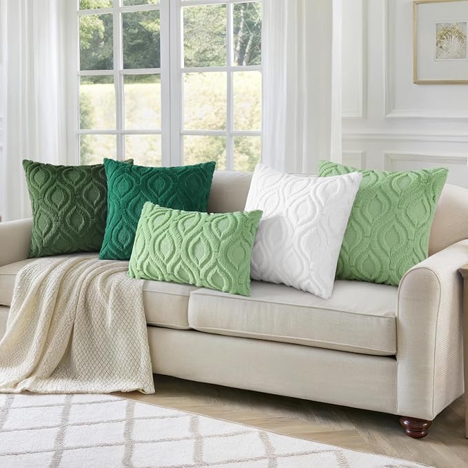 decorUhome Throw Pillow Covers 18x18 Inch Set of 2, Soft Plush Faux Wool Green Solid Couch Pillow Covers, Accent Farmhouse Neutral Square Pillow Cases for Sofa Bed Living Room