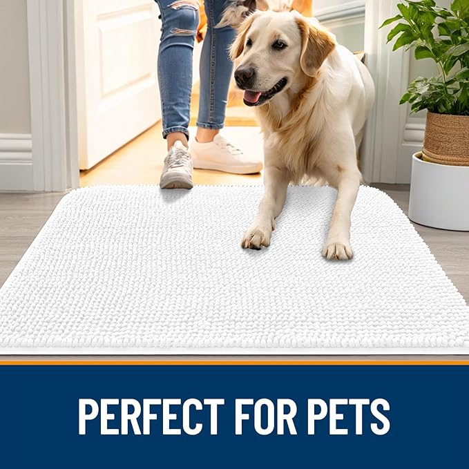 OLANLY Dog Door Mat for Muddy Paws 44x24, Absorbs Moisture and Dirt, Absorbent Non-Slip Washable Doormat, Quick Dry Chenille Mud Mat for Dogs, Entry Indoor Entryway Carpet for Inside Floor, White