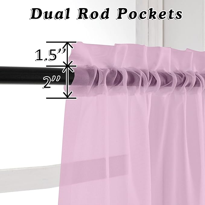 OVZME Light Pink Sheer Window Valance Curtains, Light Filtering Kitchen Valances Windows Treatment, Small Voile Sheer Curtains for Living Room/Bathroom/Basement, Top Dual Rod Pocket, 2PCS