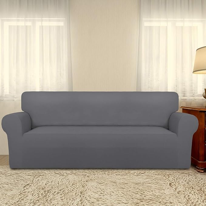 PureFit Super Stretch Sofa Slipcover – Spandex Non Slip Soft Couch Sofa Cover, Washable Furniture Protector with Non Skid Foam and Elastic Bottom for Kids, Pets （Oversized Sofa, Gray ）