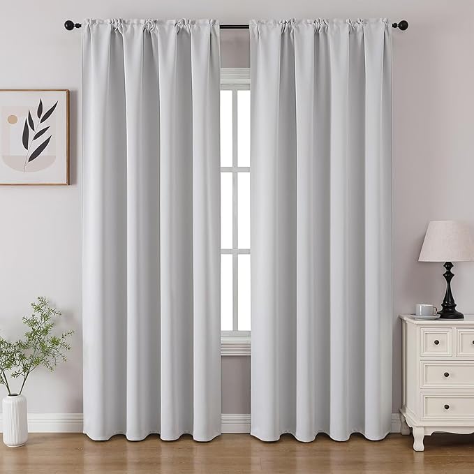CUCRAF Grayish White Blackout Curtains 96 inch Length 2 Panels Set, Rod Pocket Room Darkening Drapes for Bedroom Living Room, Insulated Thermal Light Blocking Window Curtain (W52 x L96 Inch)