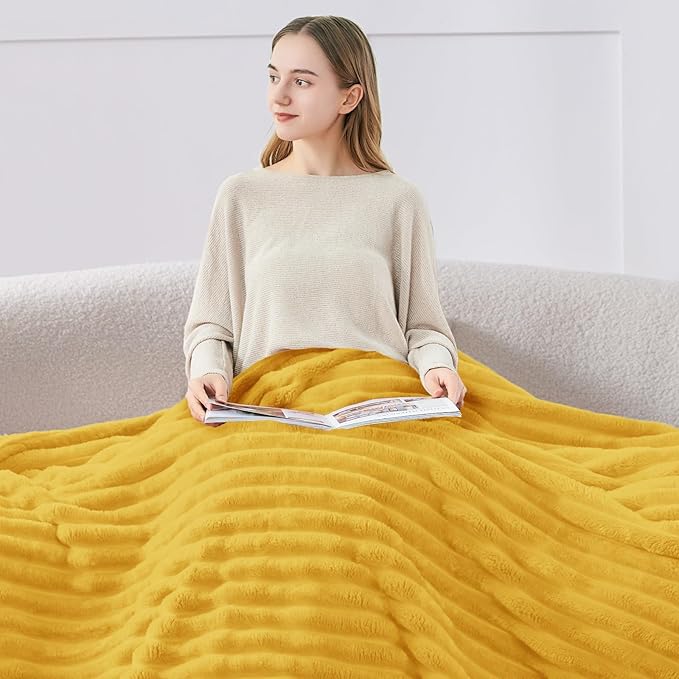 BEDELITE Twin Blanket for Couch & Bed, 300GSM Soft & Warm Fleece Blanket, Decorative and Giftable Striped Light Yellow Blankets for Women, Men, 60"x80"