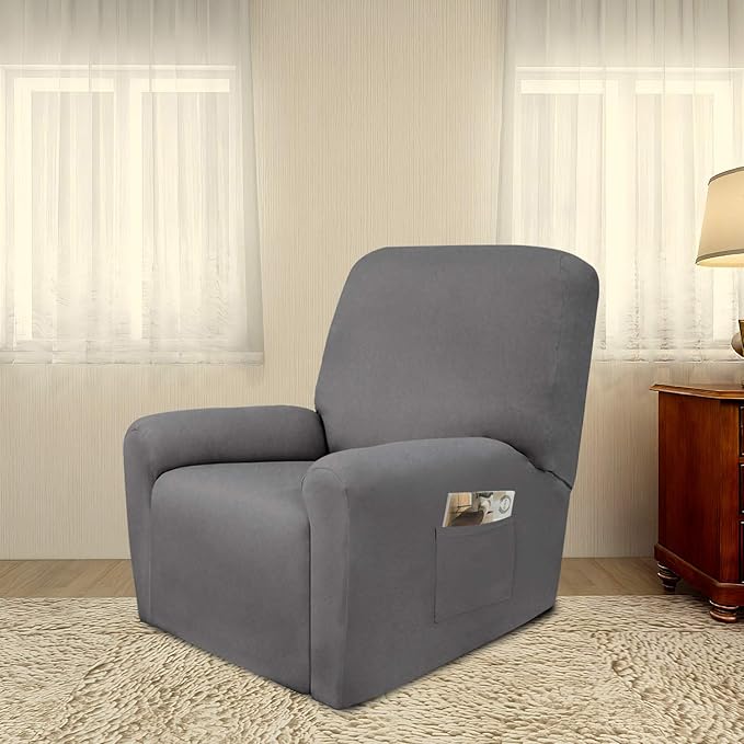 PureFit Super Stretch Chair Sofa Slipcover with Pocket – Spandex Non Slip Soft Couch Sofa Cover, Washable Furniture Protector with Elastic Bottom for Kids, Pets （Recliner, Light Gray）
