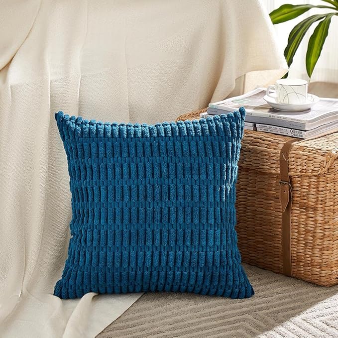 Fancy Homi 4 Packs Teal Decorative Throw Pillow Covers 22x22 Inch for Living Room Couch Bed Sofa, Rustic Farmhouse Boho Home Decor, Soft Striped Corduroy Square Cushion Case 55x55 cm