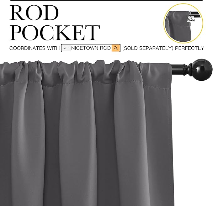 NICETOWN Short Curtains, Grey Window Curtains for Bedroom, Home Decoration Thermal Insulated Rod Pocket Blackout Blinds & Drapes for Small Windows (Gray, 2 Panels, W42 x L36 -Inch)
