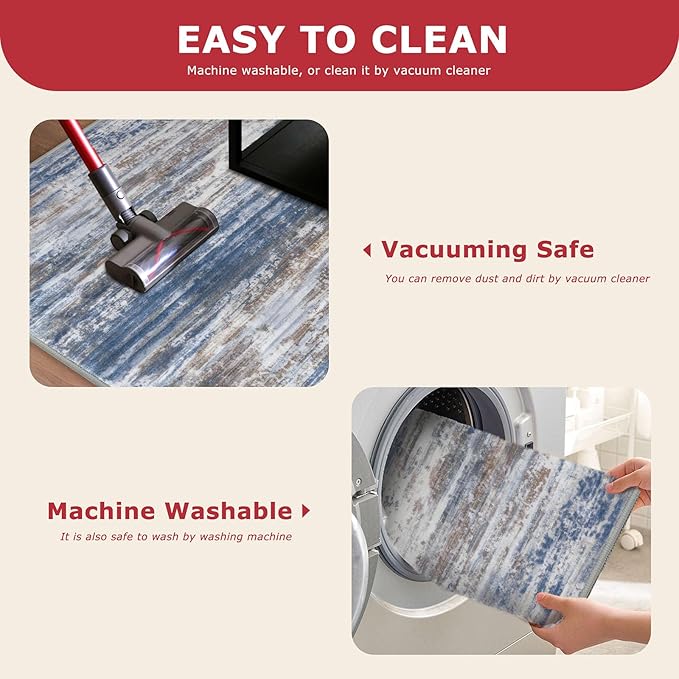 KOZYFLY Modern Abstract Washable Runner Rug 2.6x20 Hallway Runners Non-Slip Soft Kitchen Runner Rugs, Blue Rust 20 Foot Carpet Runner for Stair Entryway Bathroom Laundry Room Foyer