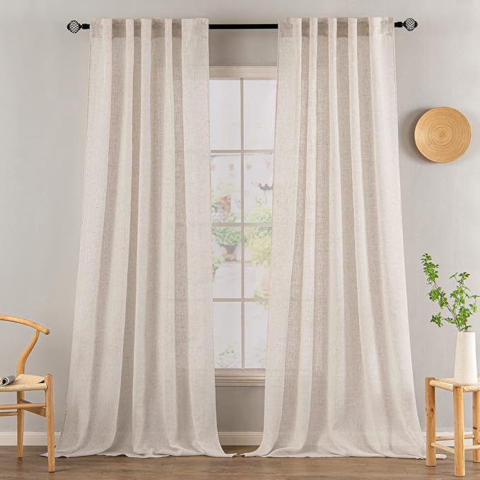 MIULEE Natural White Linen Curtains 120 Inches Long for Bedroom Living Room, Soft Thick Linen Textured Window Drapes Semi Sheer Light Filtering Rod Pocket Back Tab Cream Ivory Look, 2 Panels 10 Ft