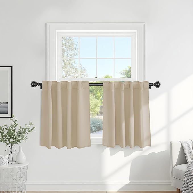 PONY DANCE Short Curtains Half Window Curtains, Kitchen & Bathroom, Width 29 x Length 30 inches, Biscotti Beige, 2 Pieces