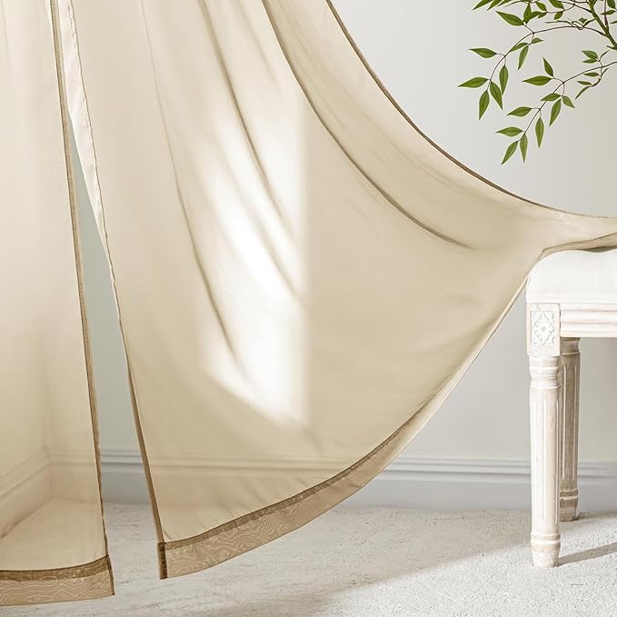 MIULEE Beige Sheer Curtains 96 Inches Long, 4 Panels Set, Rod Pocket Voile Drapes Light Filtering and Semi Transparent, Elegant Window Treatments for Bedroom Living Room,42 x 96 Inches