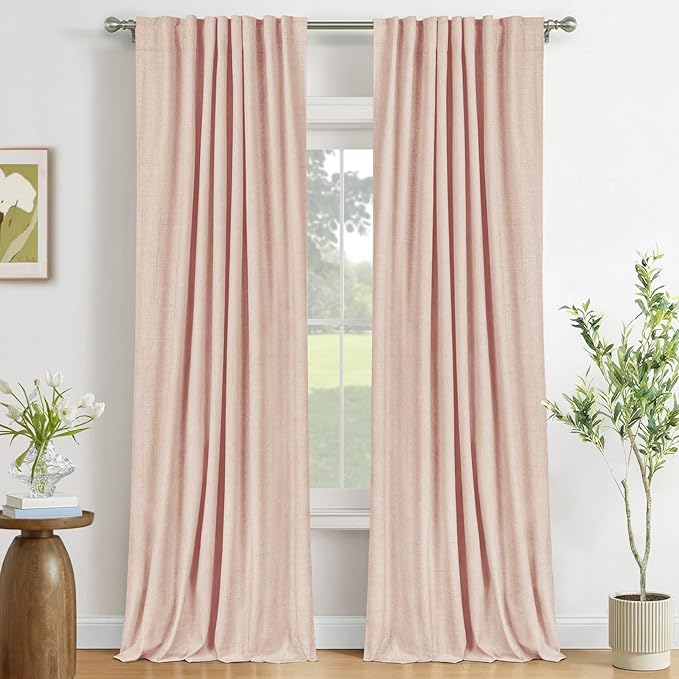 100% Blackout Shield Creamy Peach Linen Blackout Curtains for Bedroom 90 Inches Long, Back Tab/Rod Pocket Living Room Drapes, Thermal Insulated Blackout Curtains 2 Panels Set, 50" W x 90" L