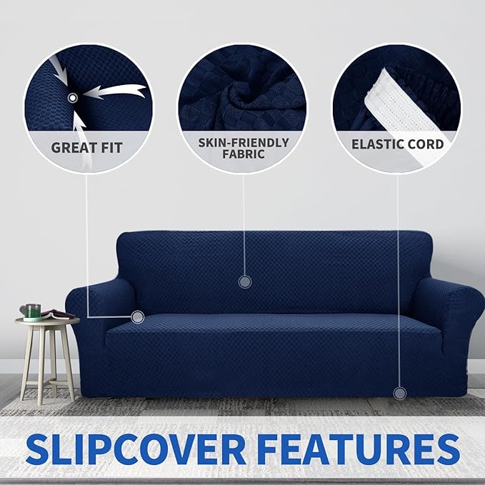 ZNSAYOTX 1 Piece Jacquard Couch Covers for 3 Cushion Couch High Stretch Sofa Cover for Pets Dogs Anti Slip Extra Large Sofa Slipcovers Furniture Protector (XL Sofa, Navy Blue)
