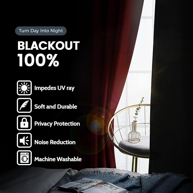 SimpleHome 100% Blackout Curtains for Bedroom,Thermal Insulated Burgundy Red Grommet Window Drapes Room Darkening Curtains for Living Room with Black Back,52 x 63 Inch,2 Panels