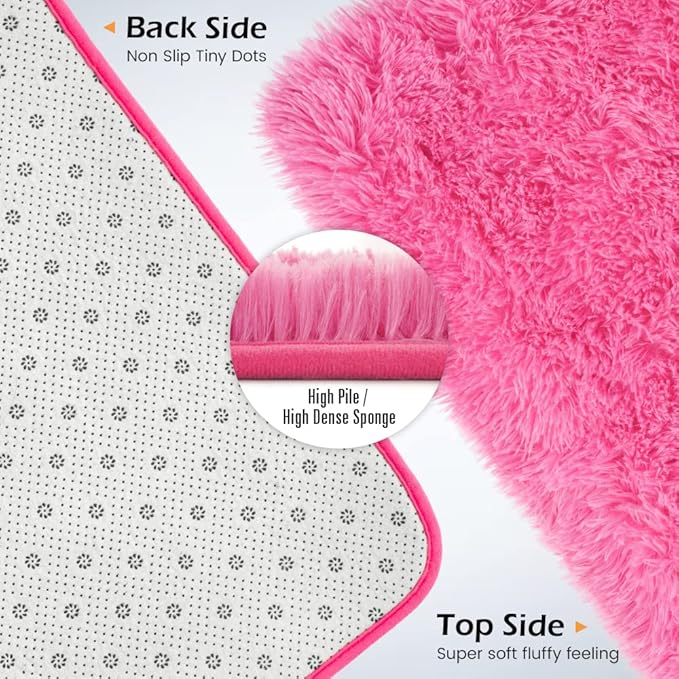 Amearea Shag Fluffy Area Rug for Bedroom Girls Living Room, Extra Soft and Fuzzy Shaggy Rugs, Non Slip, Solid Color Carpet Mat for Boys Nursery Home, Hot Pink 6x9 Feet
