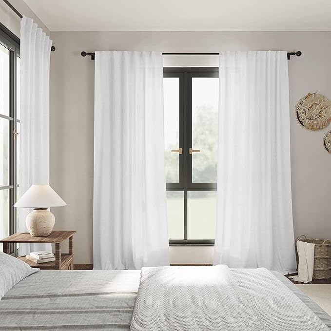 Nanspring White Extra Long Curtains 2 Panels Set 111 Inches Long for Dinning Room Back Tab Rod Pocket Light Filtering Semi Sheer Drapes Linen Textured Window Curtain for Bedroom 52x111