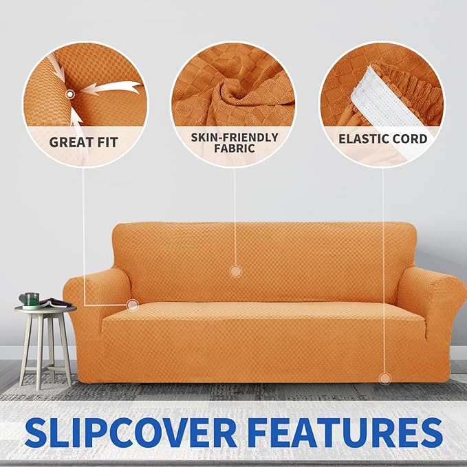 ZNSAYOTX 1 Piece Jacquard Couch Covers for 3 Cushion Couch High Stretch Sofa Cover for Pets Dogs Anti Slip Extra Large Sofa Slipcovers Furniture Protector (X-Large, Orange)