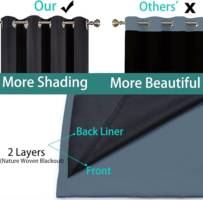 Yakamok 100% Blackout Lined Panels, Room Darkening Thermal Insulated Blackout Curtains for Bedroom, Heat Blocking Drapes for Living Room(52Wx90L, Stone Blue, 2 Panels)