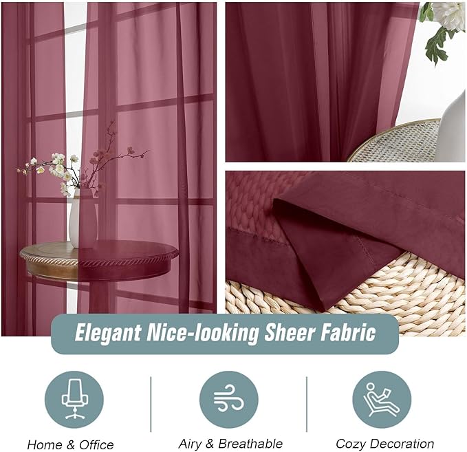 Burgundy Sheer Curtains 120 Inches Long 2 Panels, Extra Long Light Filtering Modern Window Curtains for Sliding Glass Door, Rod Pocket Voile Drapes for Living Room Bedroom, 2x42Wx120L Inches